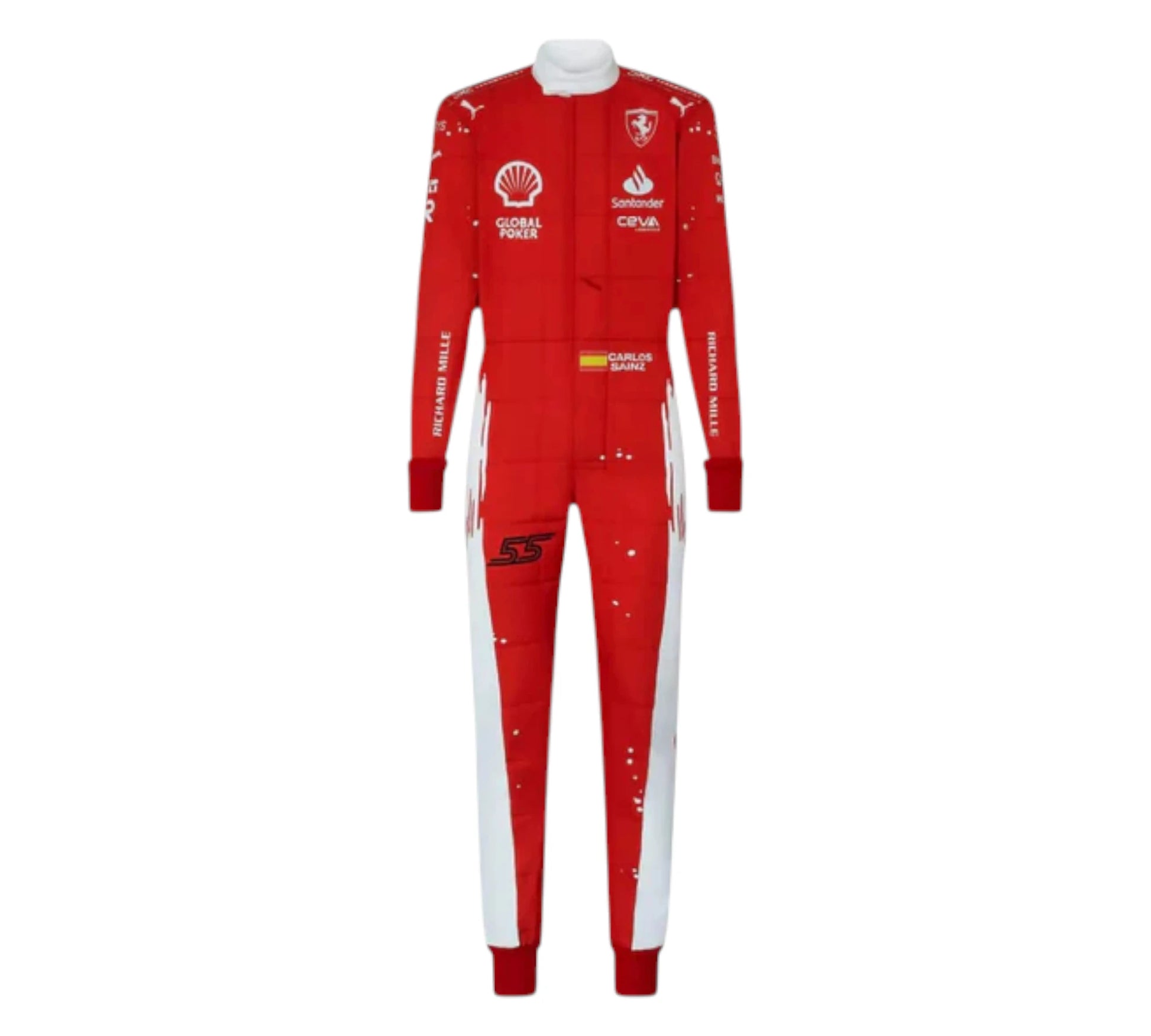 Red racing suit with various sponsor logos on a white background