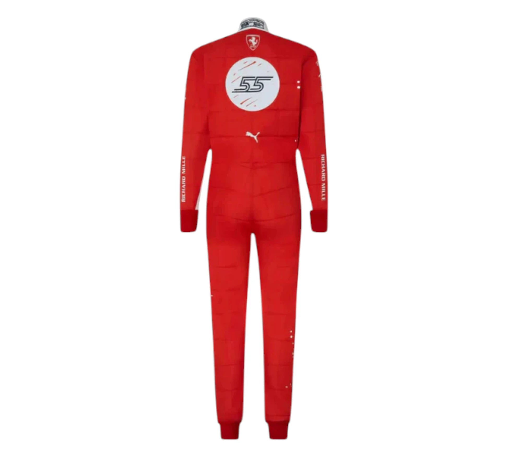 Red racing suit with visible branding on a white background