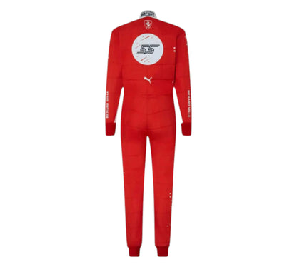 Red racing suit with visible branding on a white background