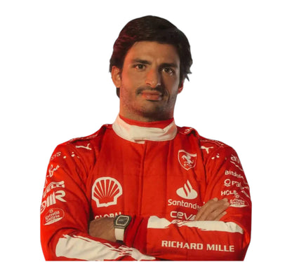 Person wearing a red racing suit with various sponsor logos on a white background