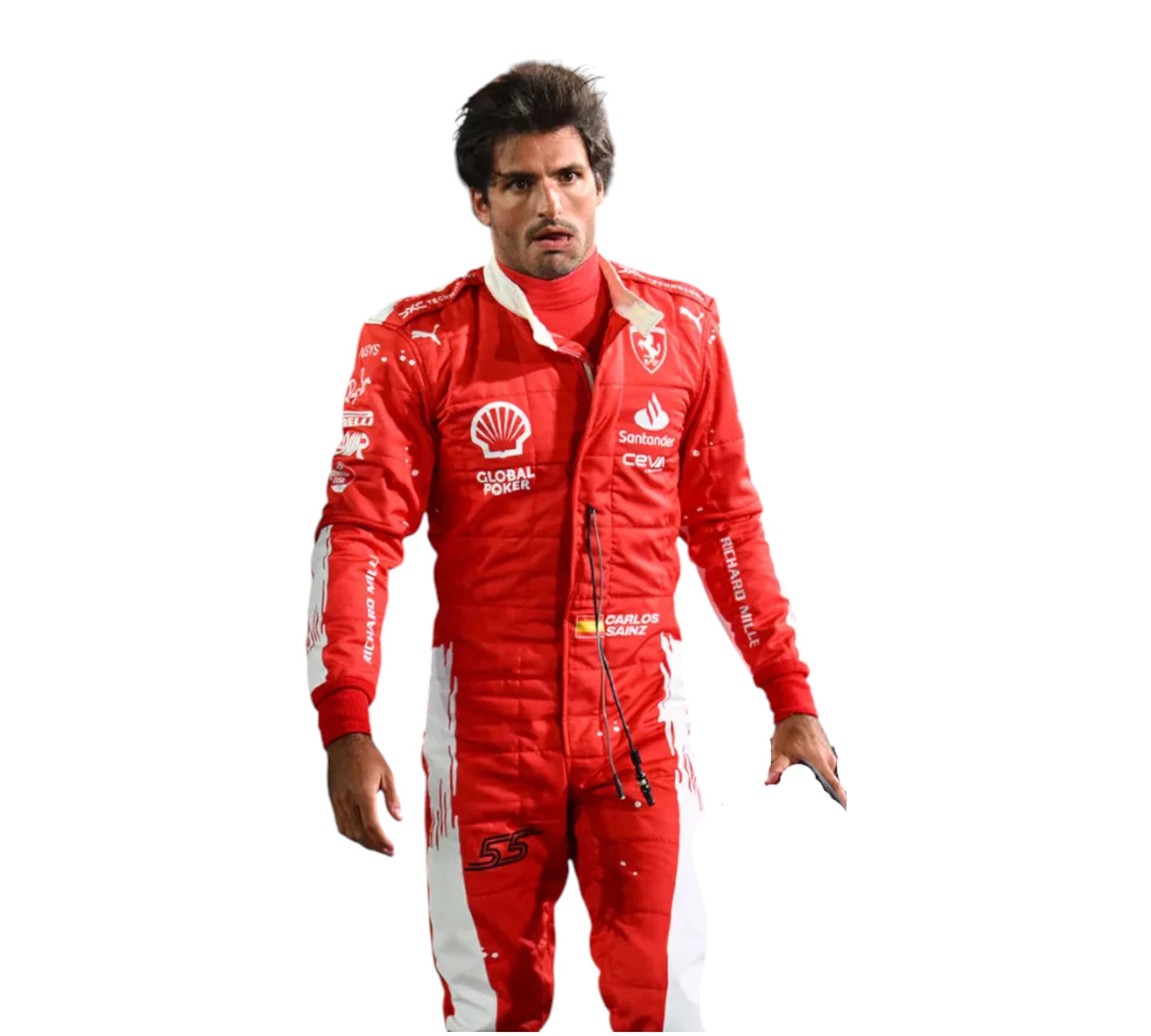 Person wearing a red racing suit with various sponsor logos on a white background