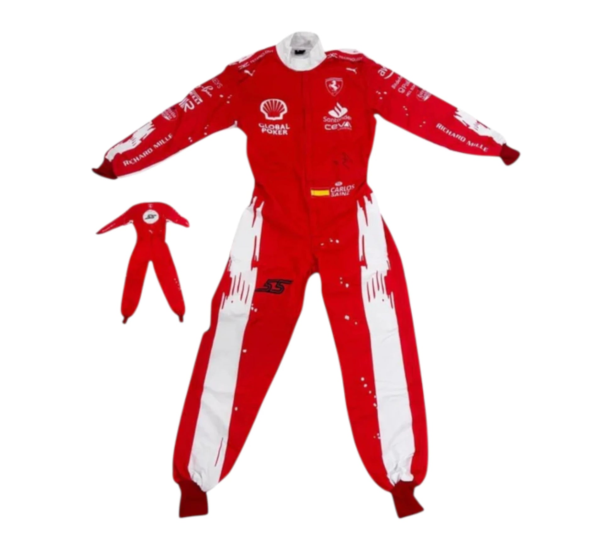 Red racing suit with white accents on a white background