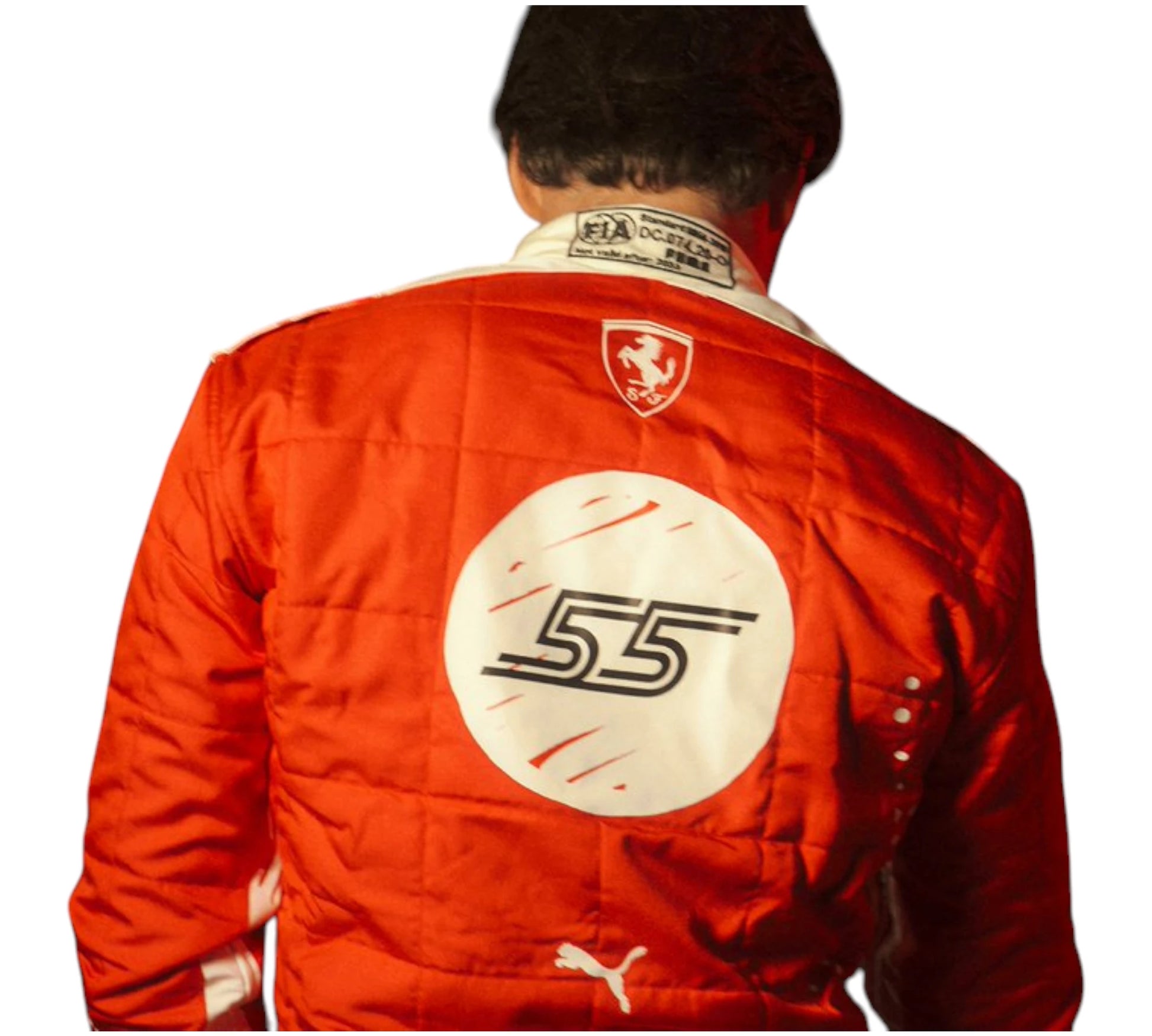 Red racing suit with number 55 and logos on a white background