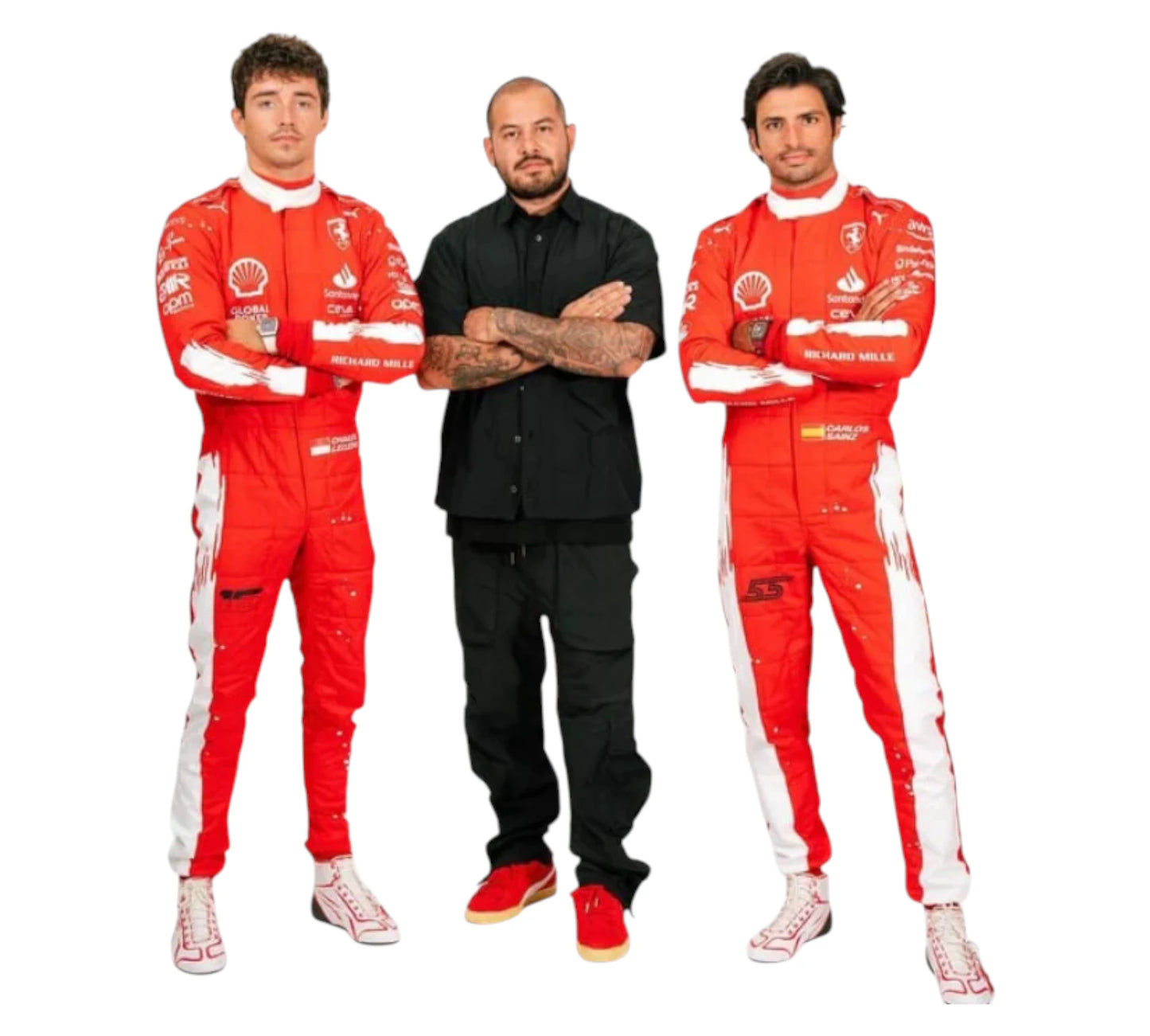 Two individuals in red racing suits standing with a person in black clothing in the center.