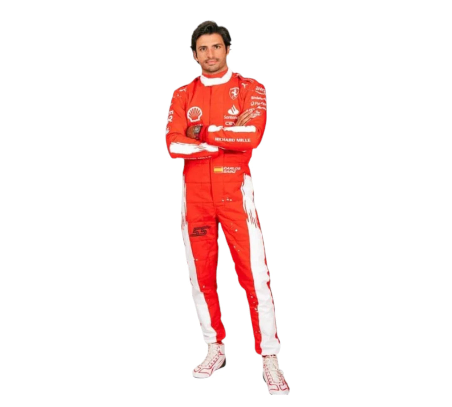 Person wearing a red racing suit with white accents on a white background