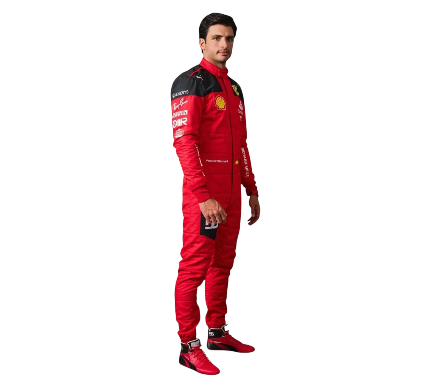 Person wearing a red racing suit with visible branding on a white background