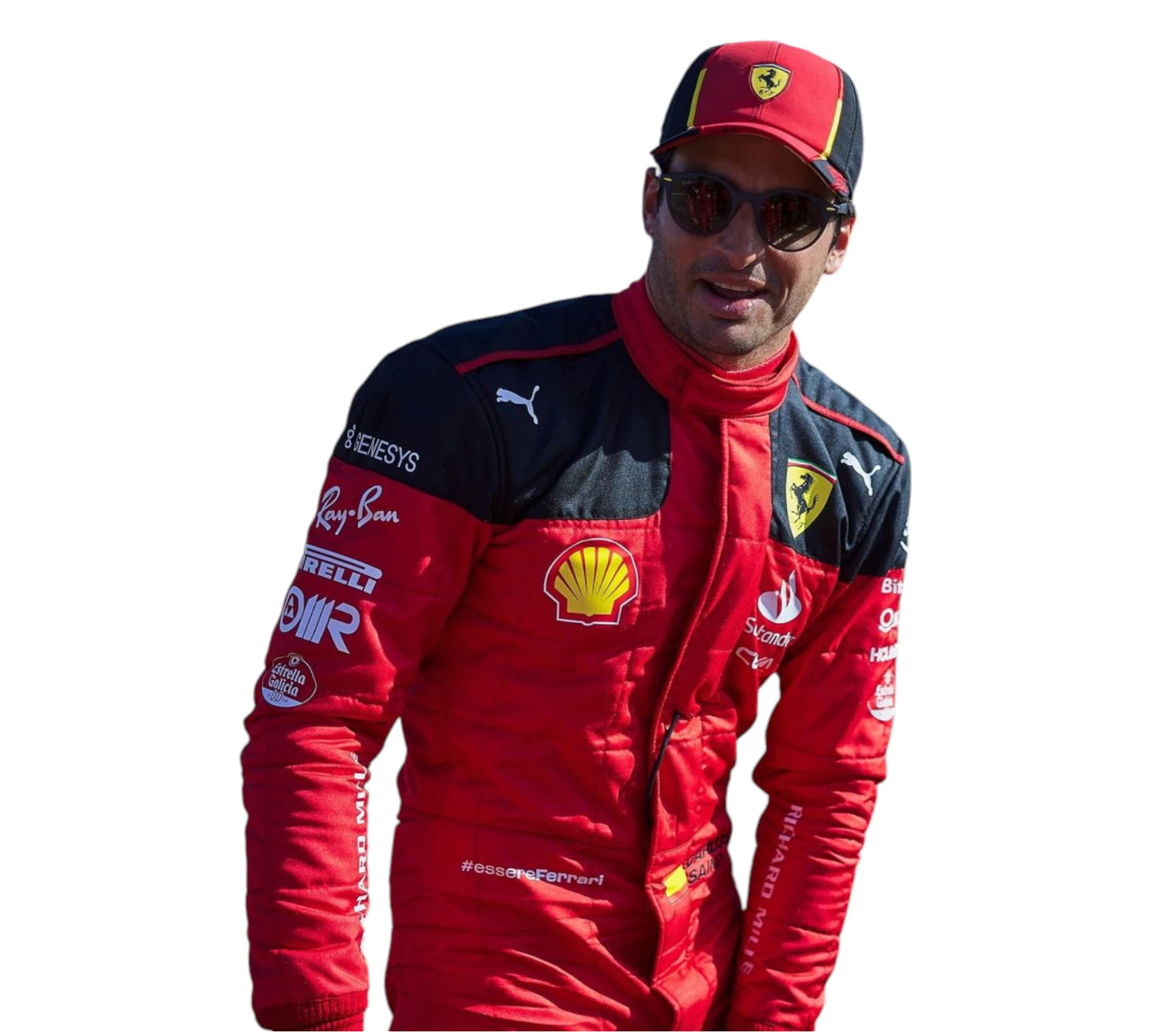 Person wearing a red and black racing suit with various sponsor logos on a white background
