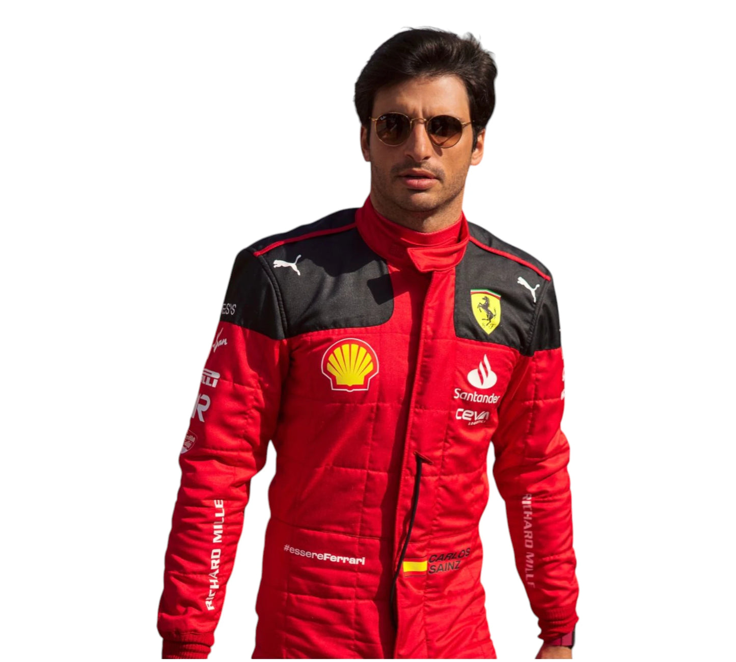 Person wearing a red and black racing suit with various sponsor logos on a white background