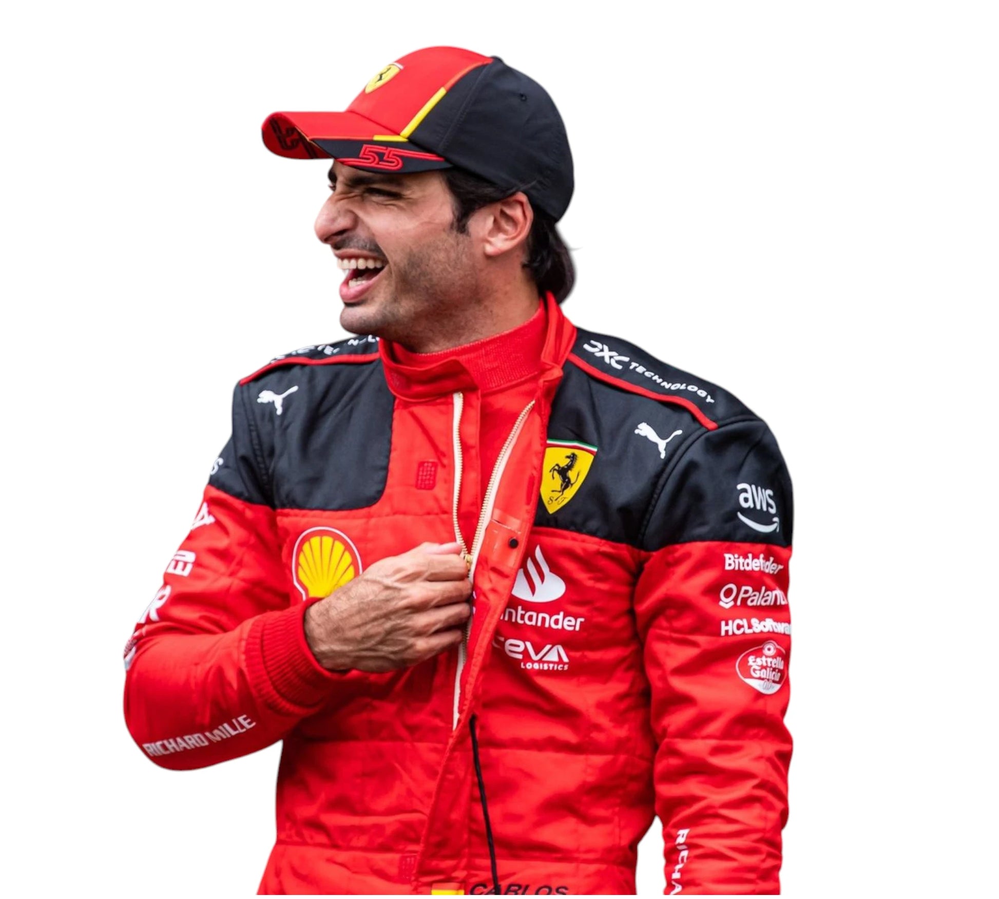 Person wearing a red and black racing suit with various sponsor logos on a white background