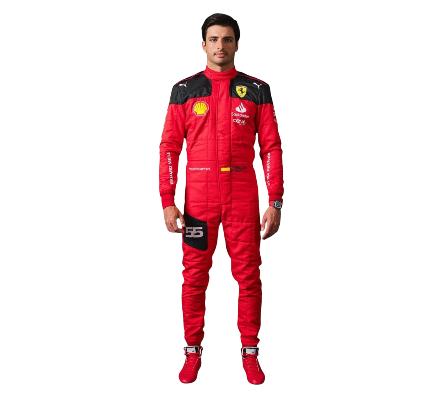 Person wearing a red racing suit with sponsor logos on a white background