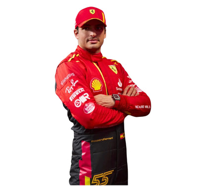 Person wearing a red racing suit with various sponsor logos on a white background
