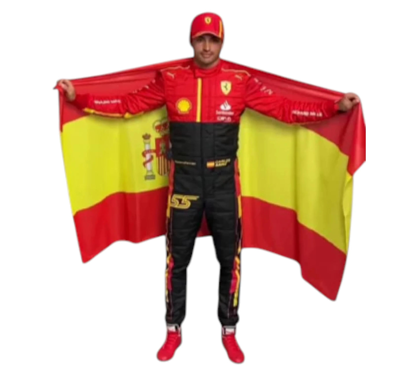 Person in racing suit holding a Spanish flag on a white background