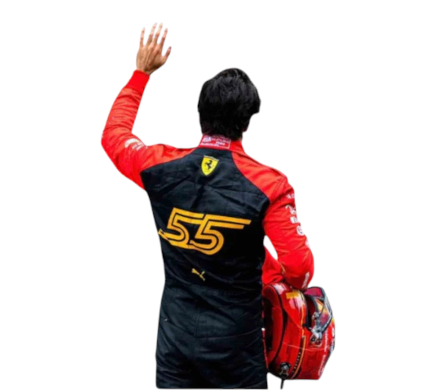 Person wearing a red and black racing suit with number 55, holding a helmet, on a white background