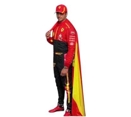 Person wearing a red and black racing suit with a yellow cape on a white background