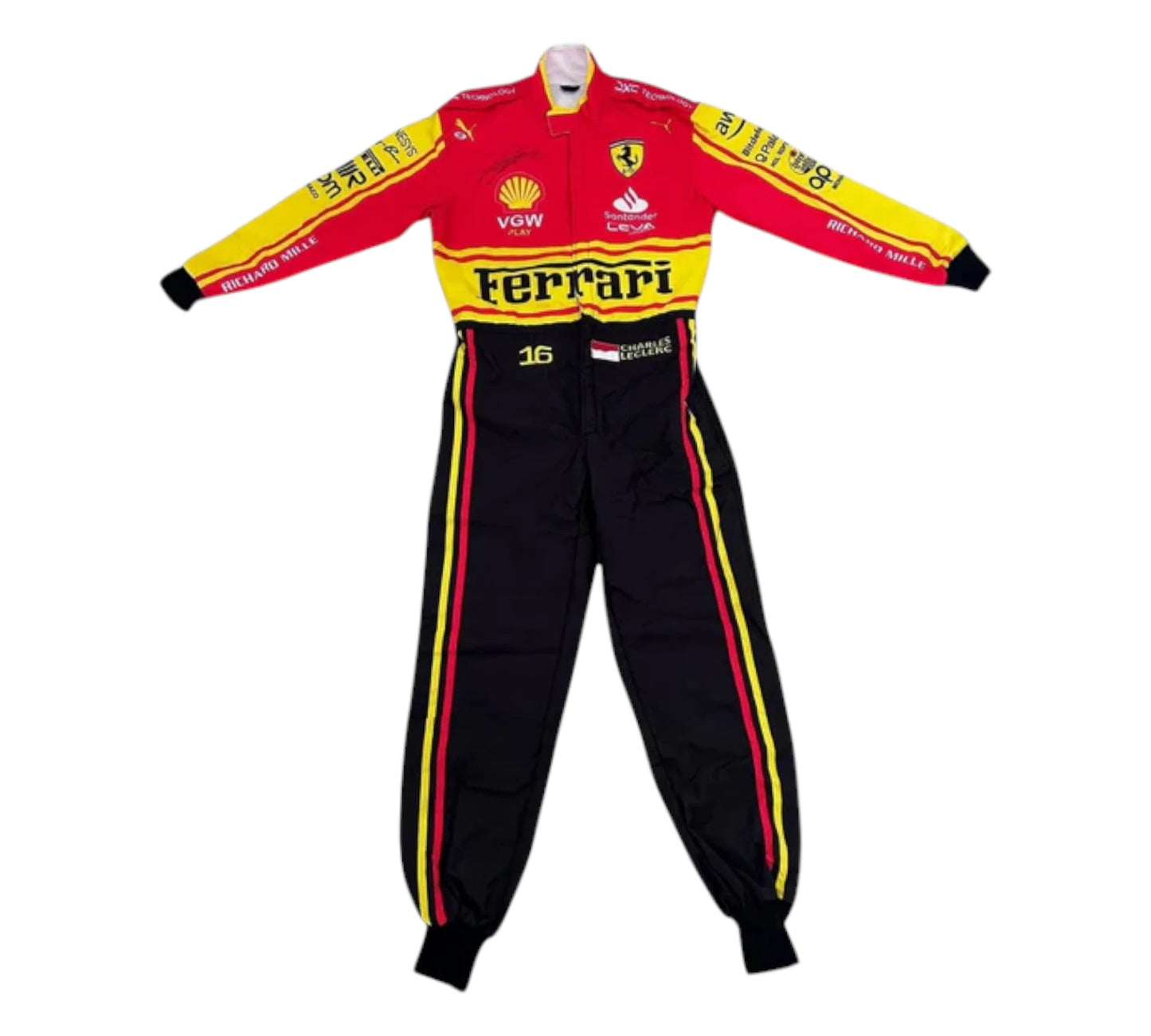 Red, black, and yellow Ferrari racing suit on a white background