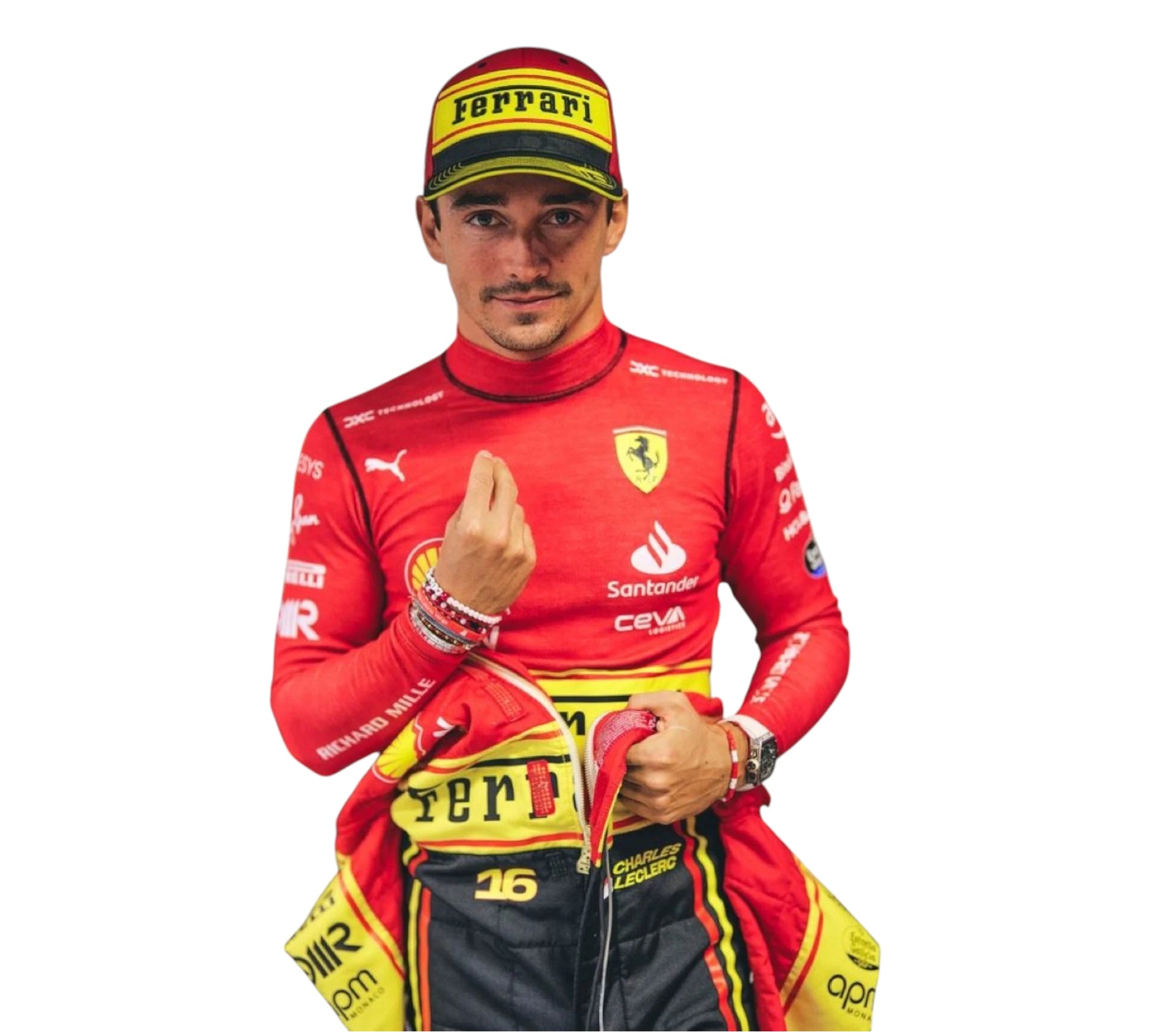 Person wearing a red Ferrari racing suit and cap on a white background