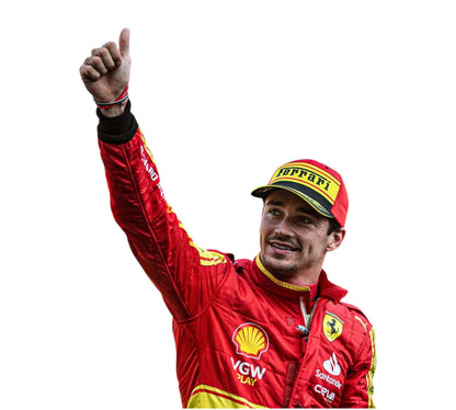 Person wearing a red racing suit with Ferrari and Shell logos, giving a thumbs-up gesture.