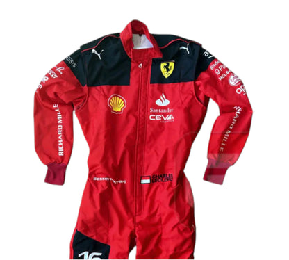 Red and black racing suit with various logos on a white background