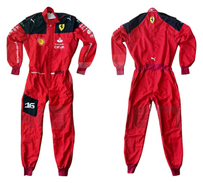 Two red racing suits with various logos on a white background