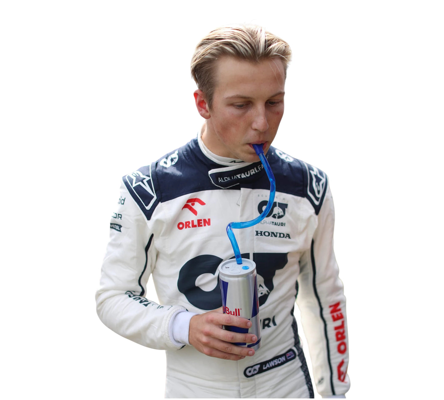 Person in racing suit drinking from a can with a straw on a white background