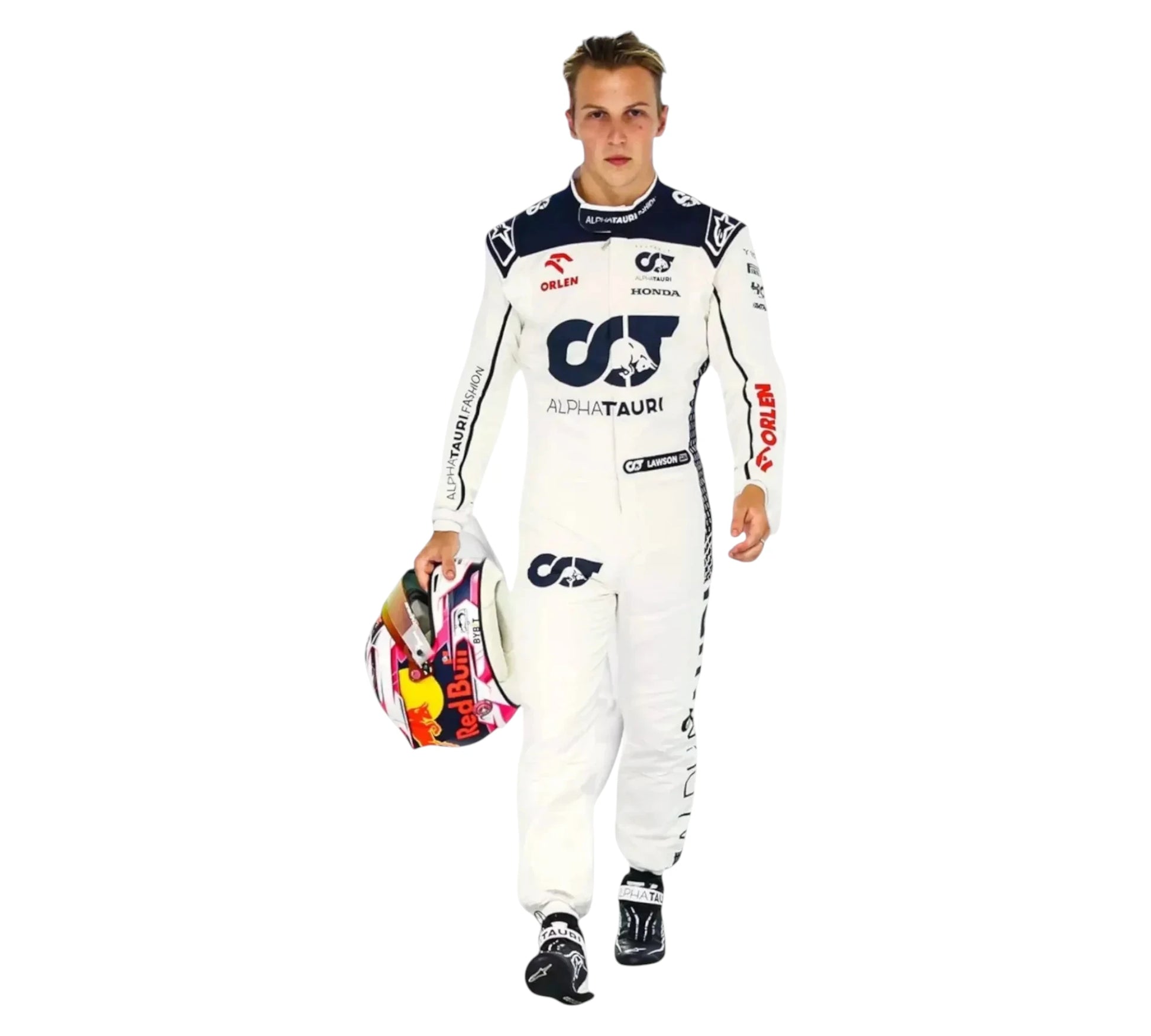 Person in a white racing suit holding a helmet on a white background