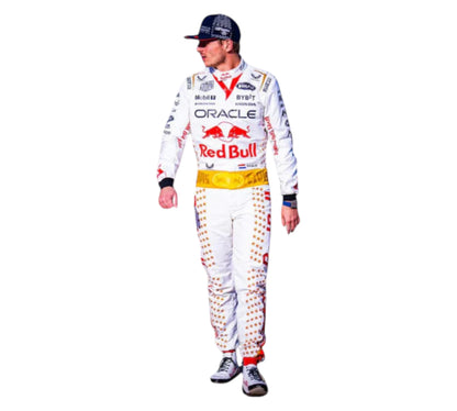 Person wearing a racing suit with Oracle and Red Bull logos on a white background