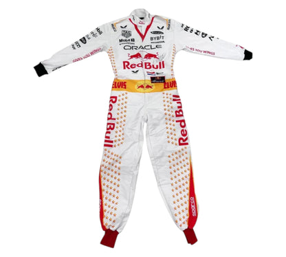 White racing suit with Red Bull and Oracle branding on a white background