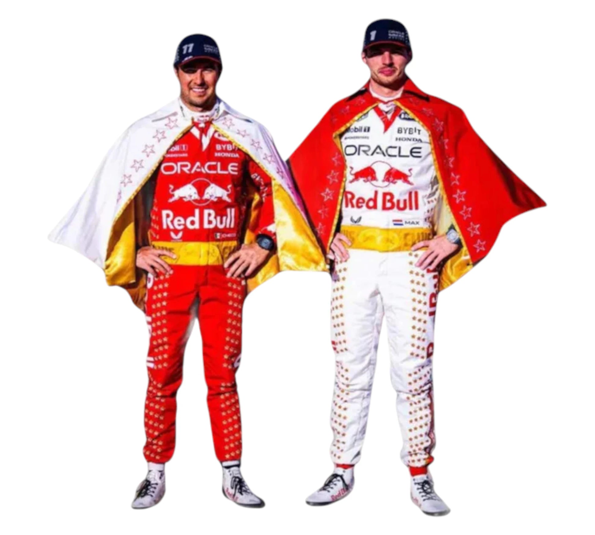 Two individuals in Red Bull racing suits with capes on a white background