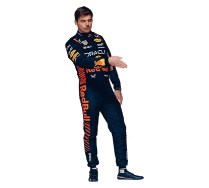 Person wearing a Red Bull Racing suit on a white background