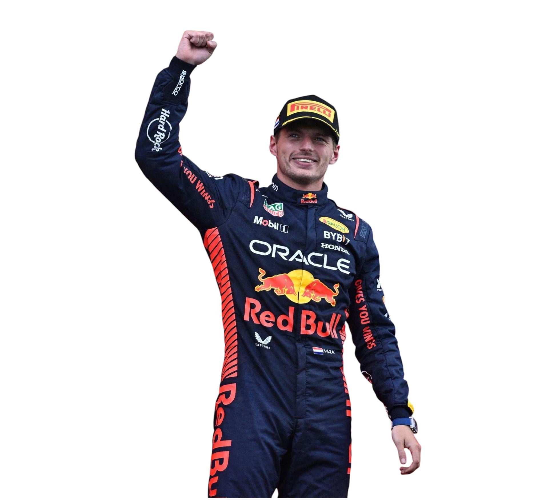 Person wearing a Red Bull racing suit with raised fist on a white background