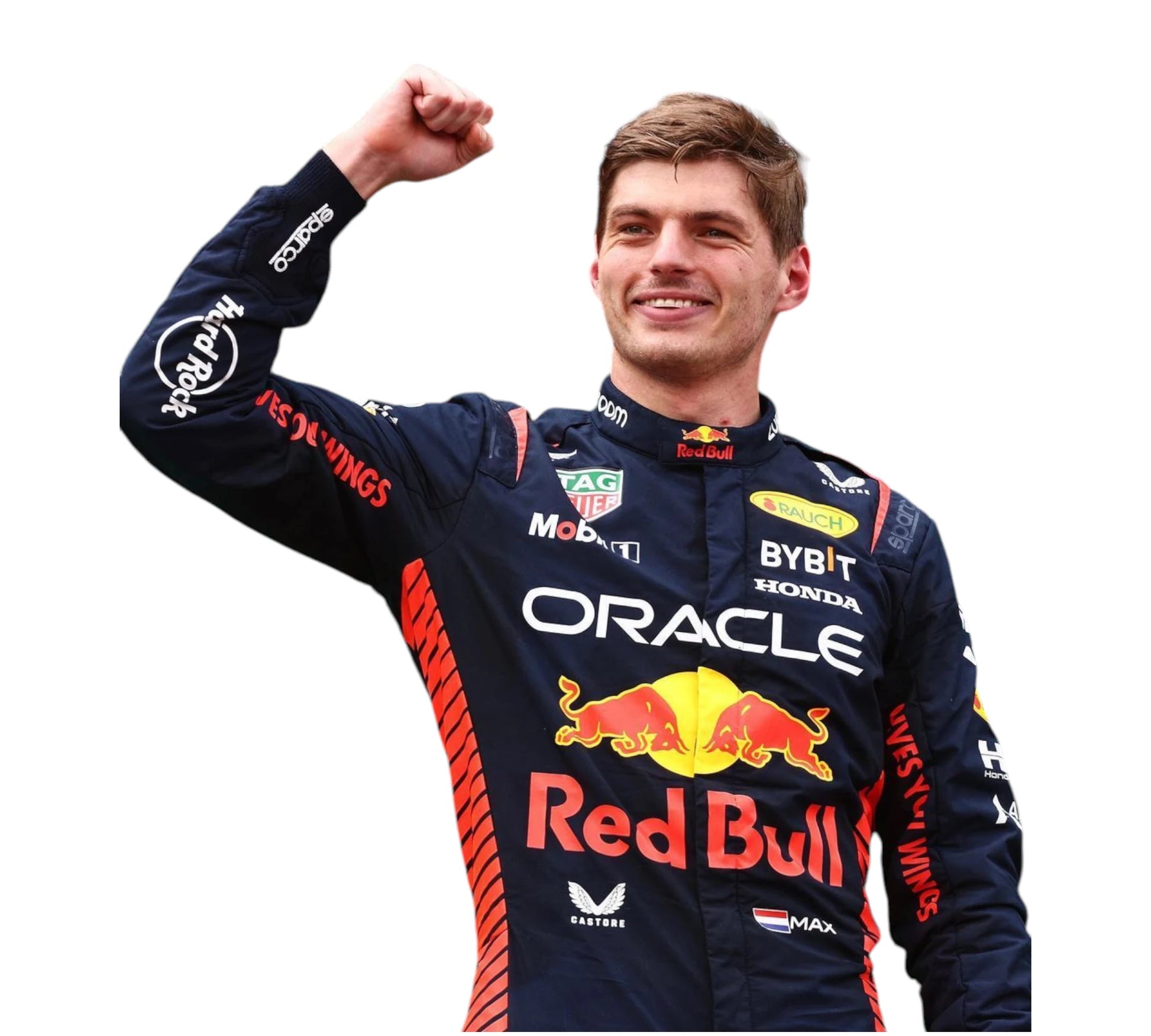 Person wearing a Red Bull racing suit with various sponsor logos on a white background