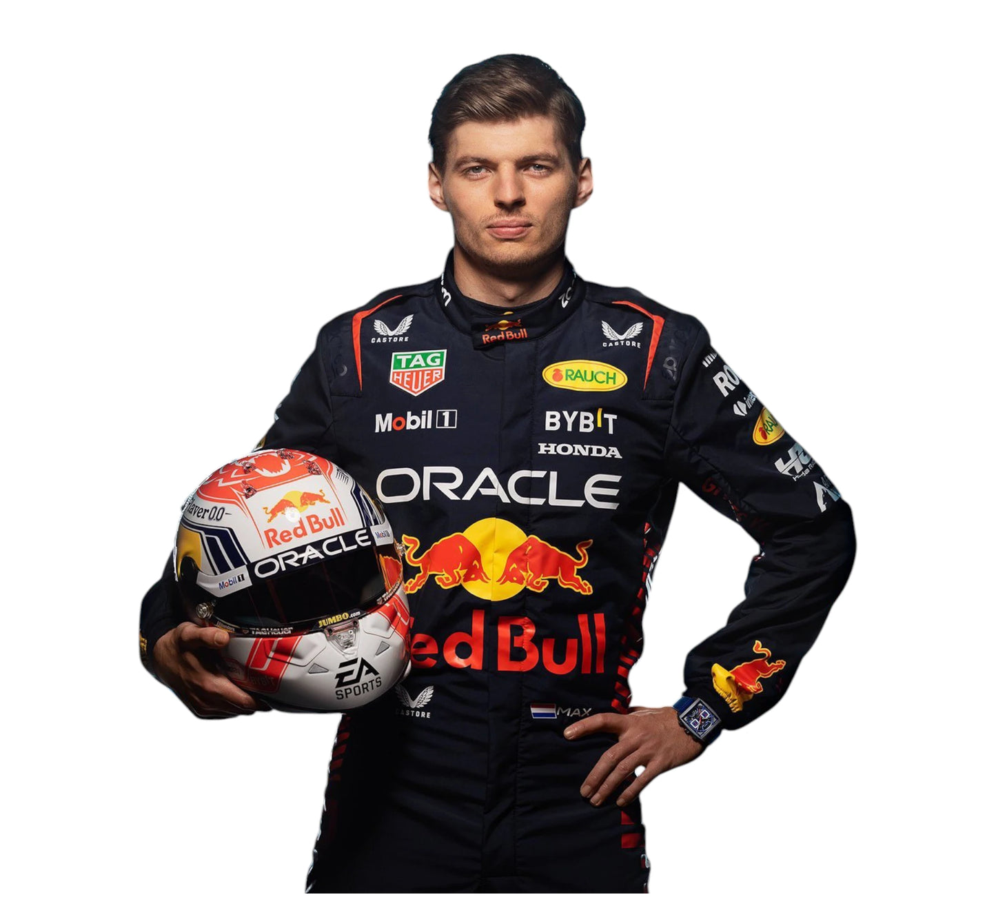 Person wearing a Formula 1 racing suit holding a helmet with visible branding on a white background