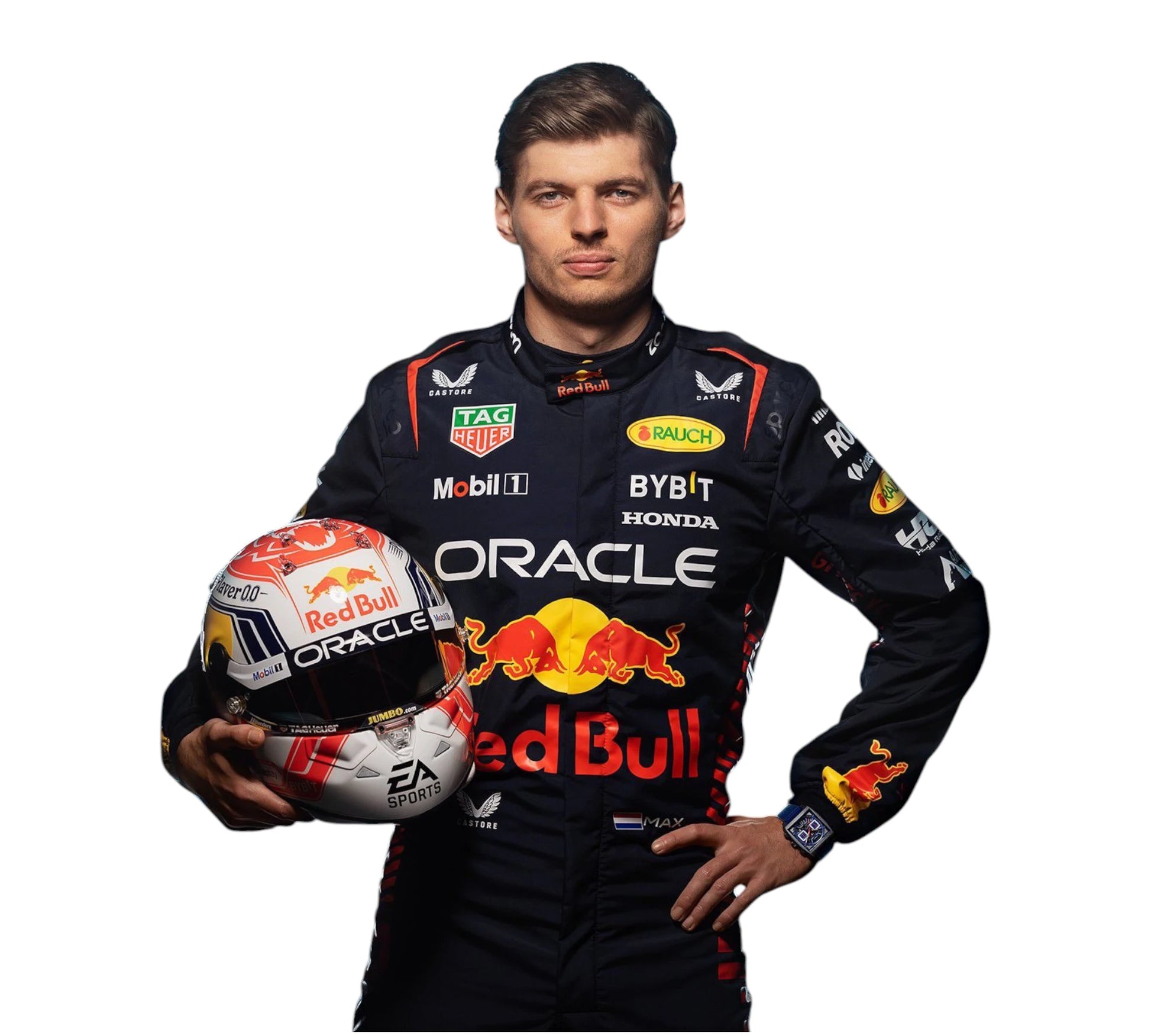 Person wearing a Formula 1 racing suit holding a helmet with visible branding on a white background