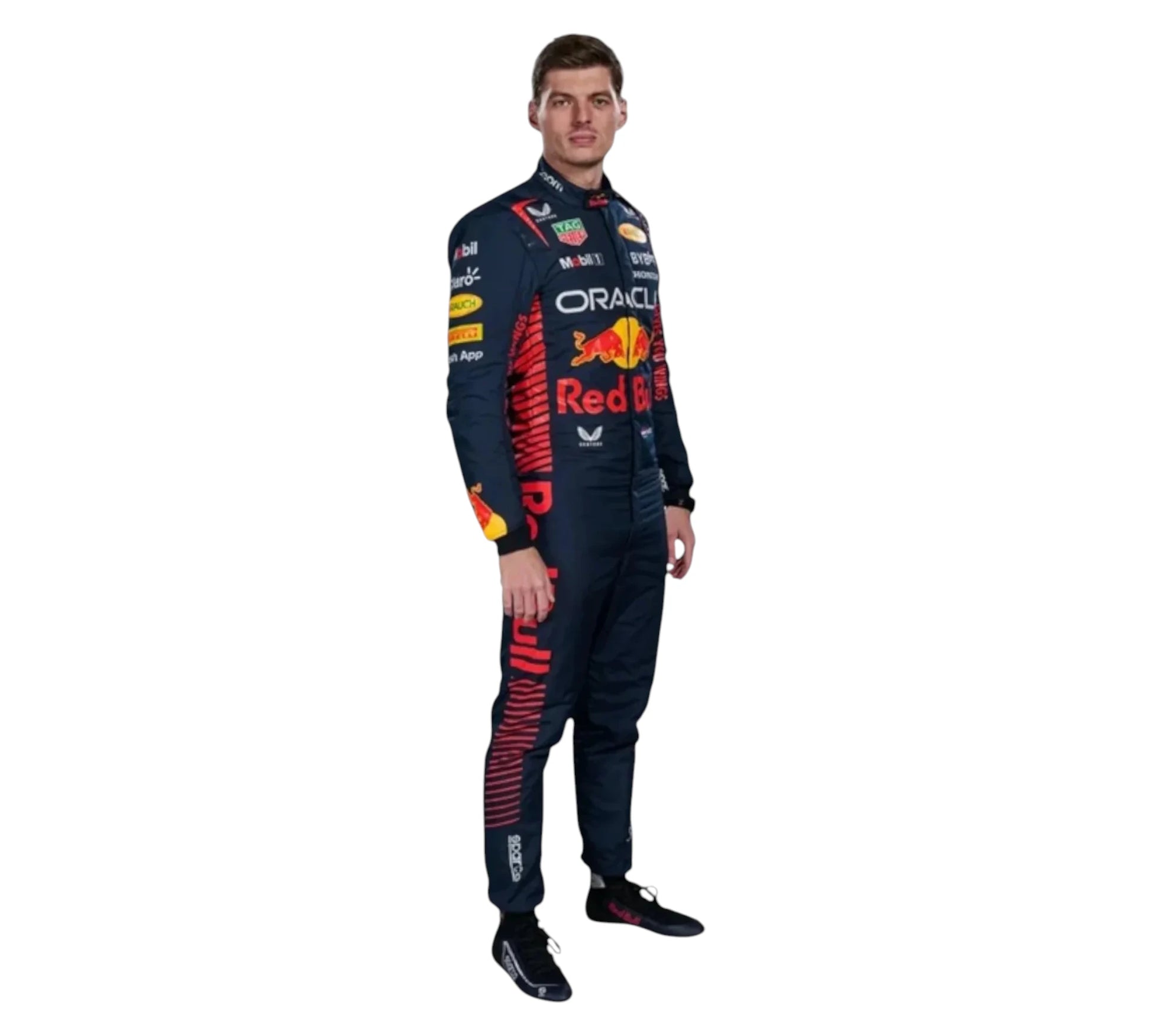 Person wearing a Red Bull Racing suit on a white background