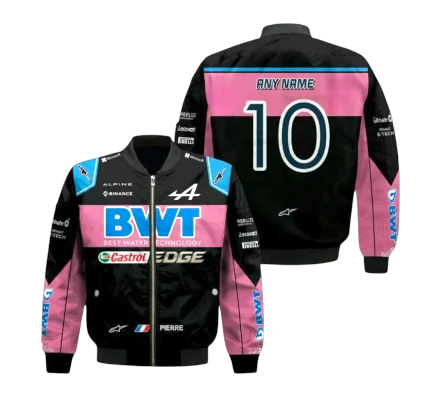 Black and pink racing jacket with various logos on a white background
