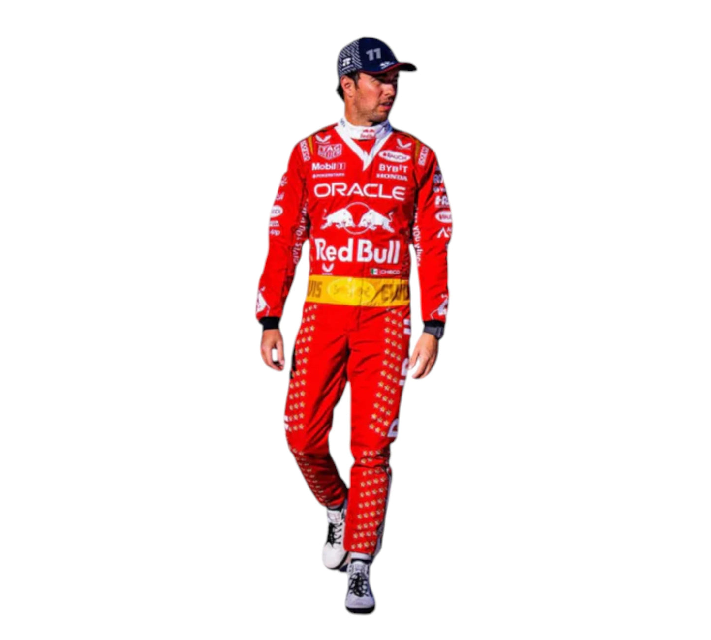 Person wearing a red racing suit with various logos on a white background