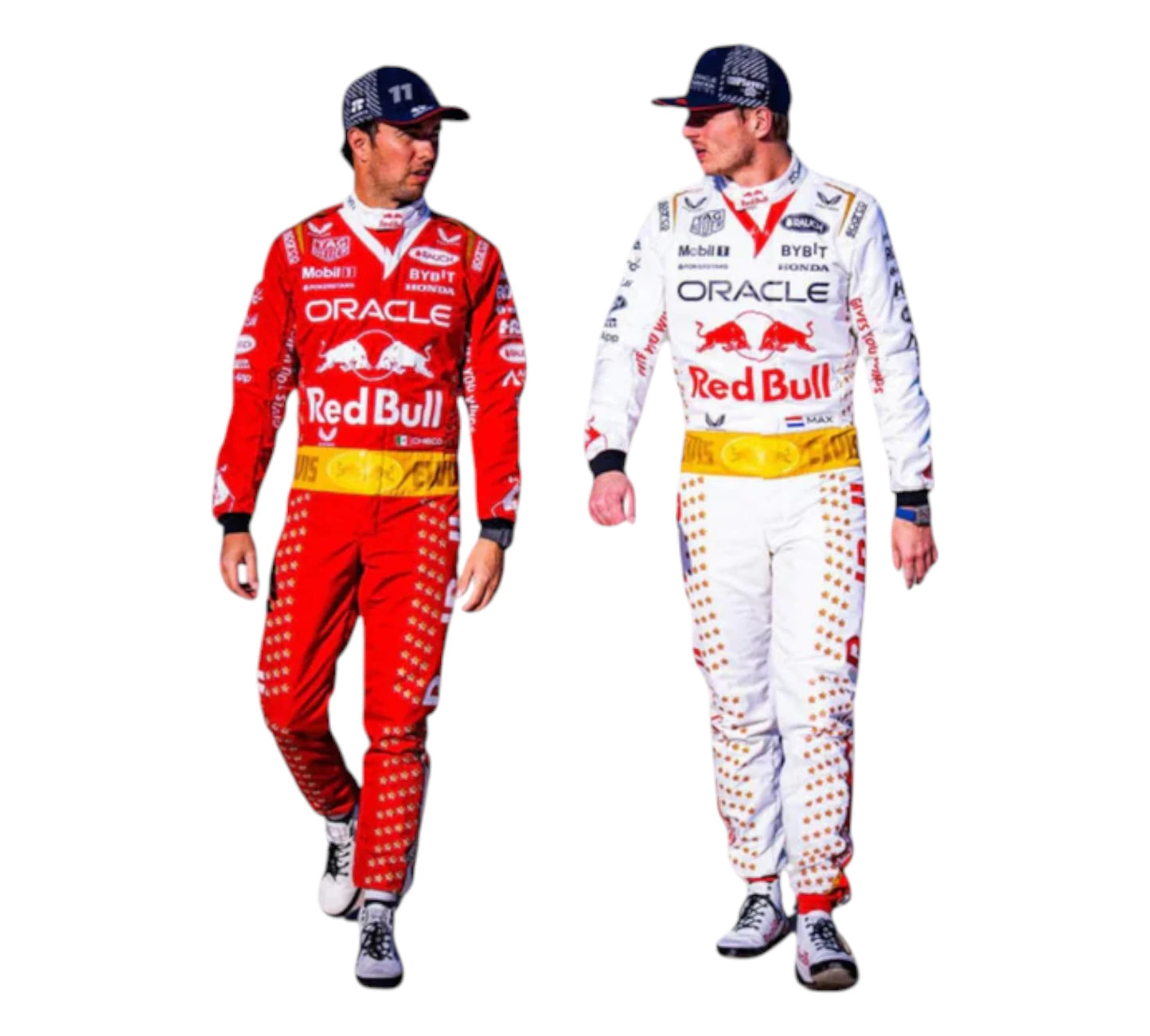 Two Formula 1 drivers in red and white racing suits with Oracle and Red Bull branding on a white background.