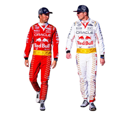 Two Formula 1 drivers in red and white racing suits with Oracle and Red Bull branding on a white background.