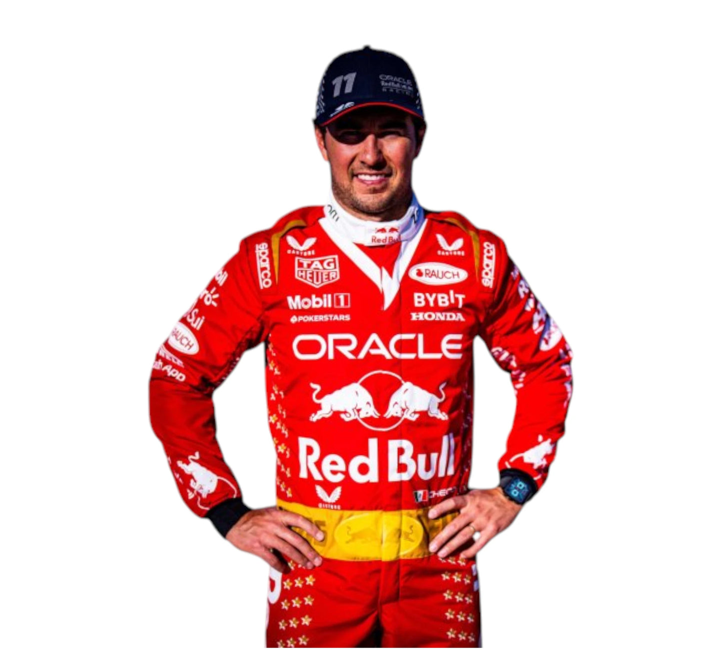 Person wearing a red racing suit with various sponsor logos on a white background