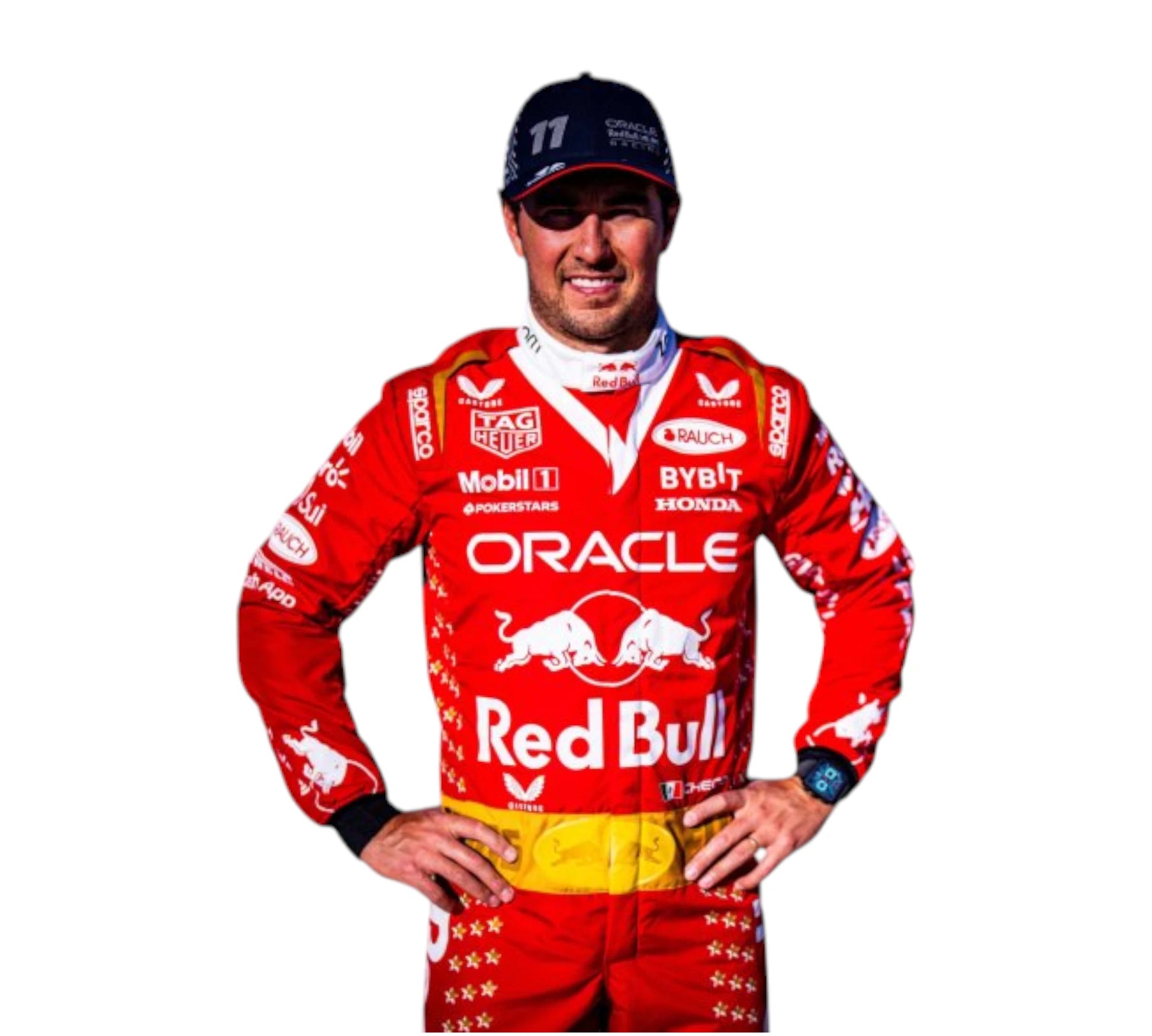 Person wearing a red racing suit with various sponsor logos on a white background