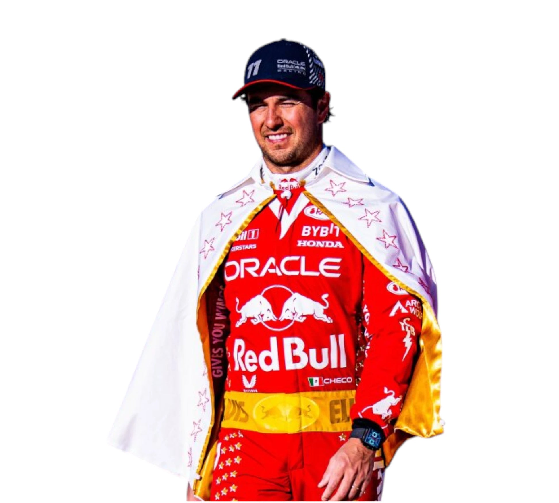 Person wearing a racing suit with Red Bull and Oracle branding on a white background