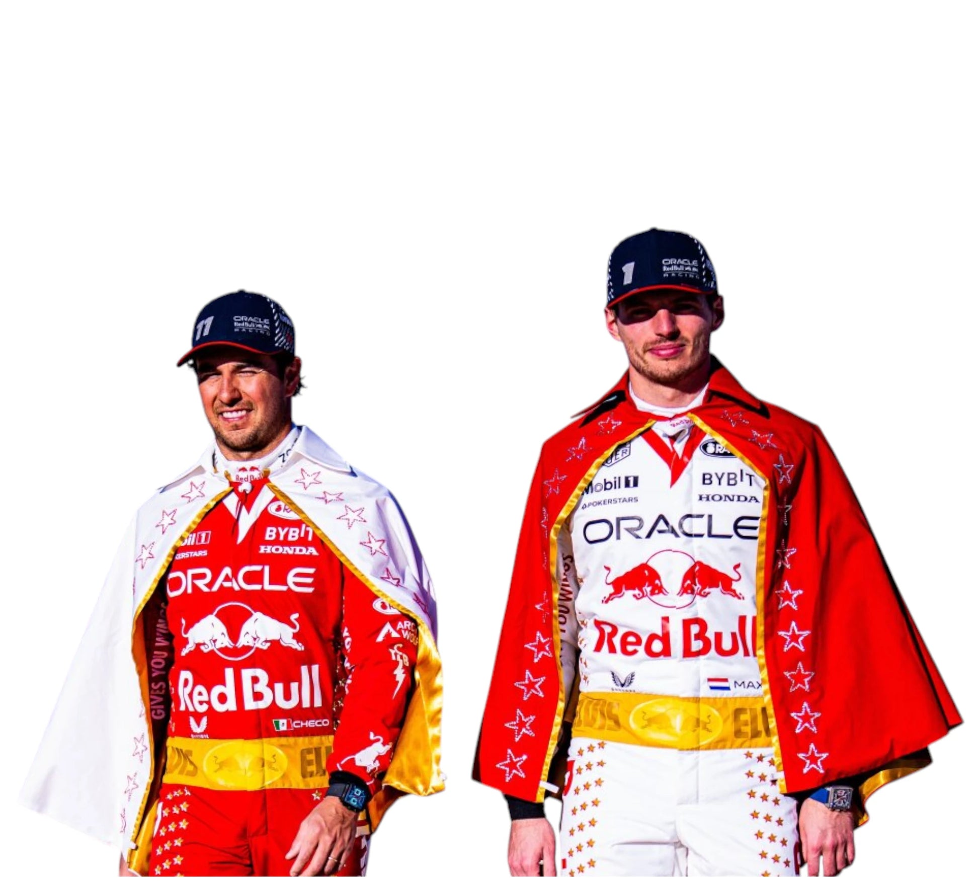 Two individuals wearing racing suits with Red Bull and Oracle branding on a white background