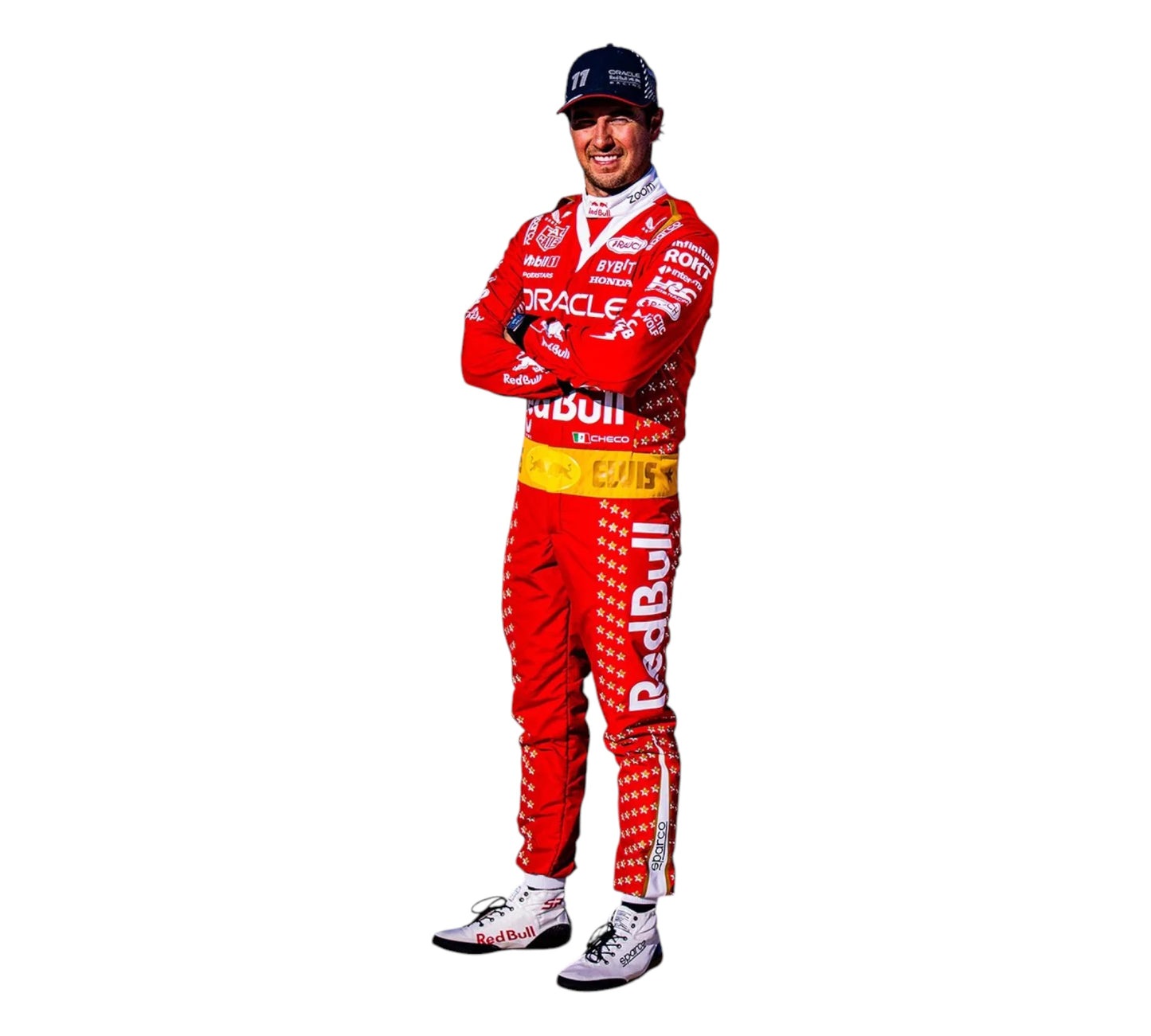 Person wearing a red racing suit with various sponsor logos on a white background