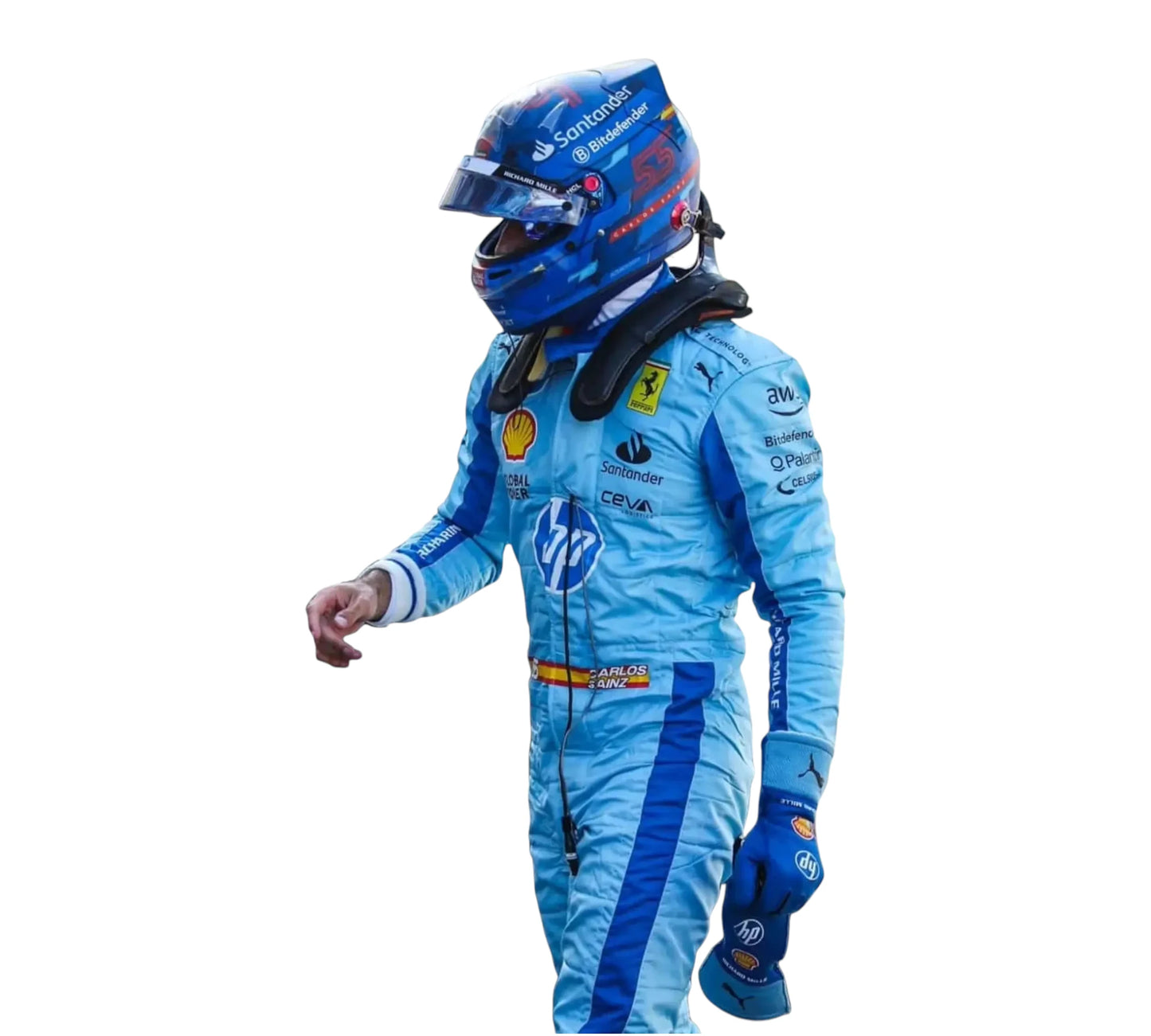 Racing suit and helmet with visible branding on a white background