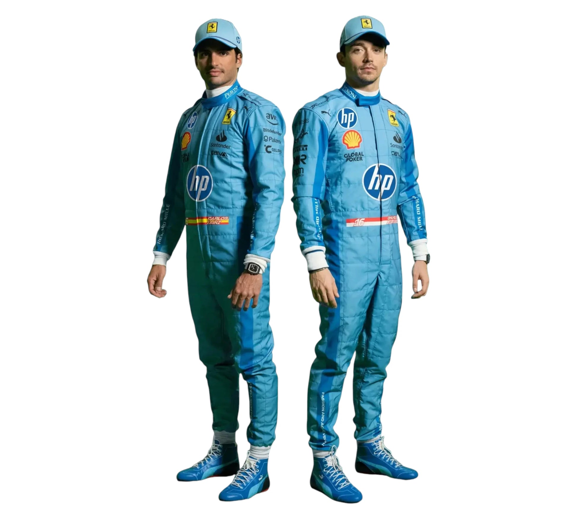 Two individuals wearing matching blue racing suits with various logos on a white background