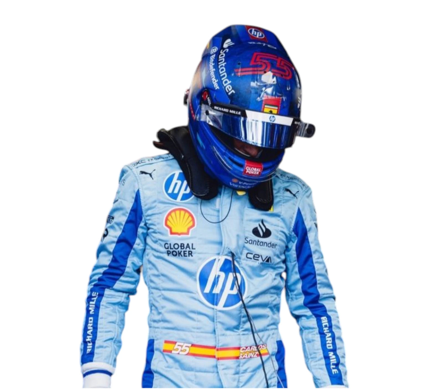 Racing driver in a blue and white suit with helmet on a white background