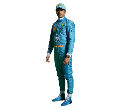 Person wearing a blue racing suit with HP logo on a white background