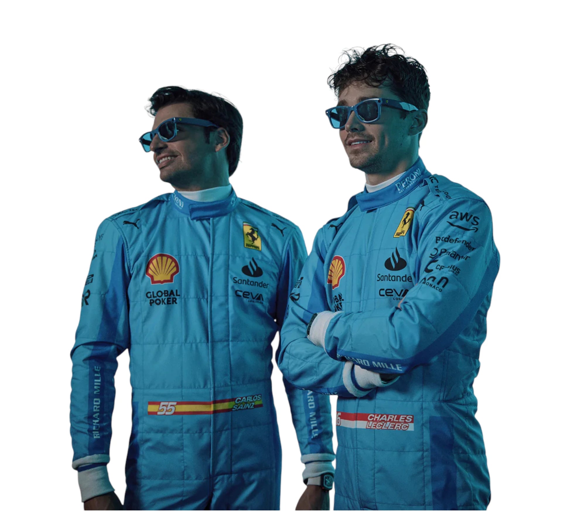 Two individuals wearing blue racing suits with various logos on a white background