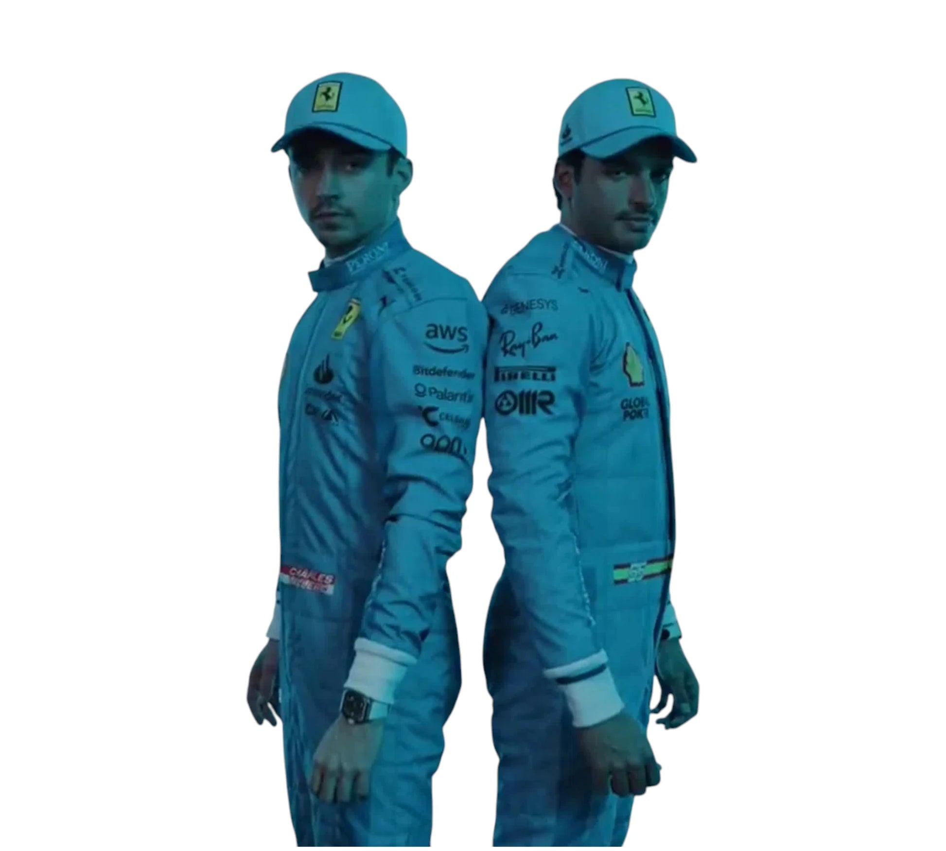 Person wearing a blue racing suit with various logos on a white background