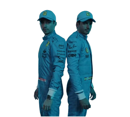 Person wearing a blue racing suit with various logos on a white background